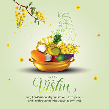 Happy Vishu greetings. April 14 Kerala festival with Vishu Kani, vishu flower Fruits and vegetables in a bronze vessel. vector illustration design