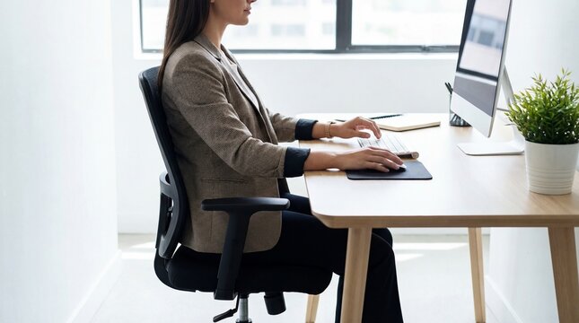 Young woman working at a desk with good posture in an office  