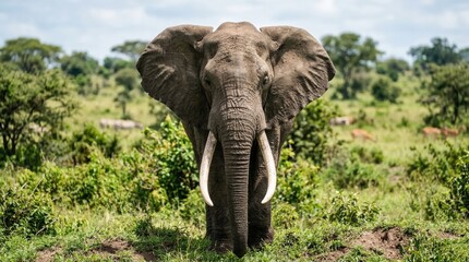 Fototapeta premium Majestic African Elephant Standing Proudly in Lush Green Savanna with Clear Blue Sky Background