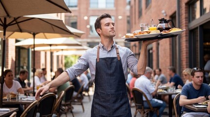 Male waiter serving food tray in outdoor restaurant setting 