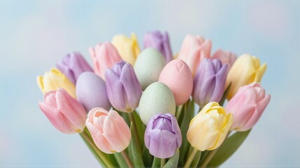 Obraz premium Tulips and easter eggs arranged in bouquet on table
