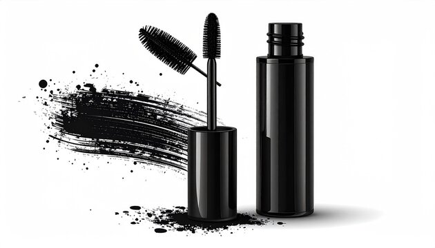 Elegant black mascara product with wand and artistic splatter effect.