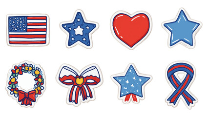 Obraz premium A patriotic vector set featuring various American symbols and decorations, including the USA flag, stars, heart, wreath, bow, and ribbon, on a clean white background with a red, white, and