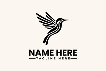 Fototapeta premium A minimalist illustration of a hummingbird in flight with a logo and placeholder text for a brand name and tagline on a clean white background.
