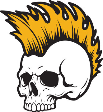 Punk Rock Skull Illustration with Yellow Mohawk - Edgy Streetwear Graphic