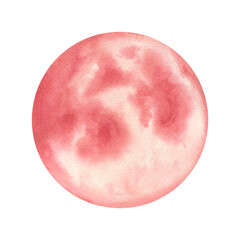 Watercolor strawberry moon isolated on white background. Full moon of June in sweet pink and red hues with organic brush strokes. Abstract circle texture for fruit design, summer party, children decor © Masha_tolk_art