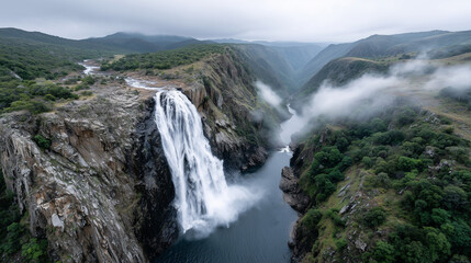 Obraz premium Waterfall Flowing Upward from Pool to Cliff Top Defying Gravity Lush Green Surroundings
