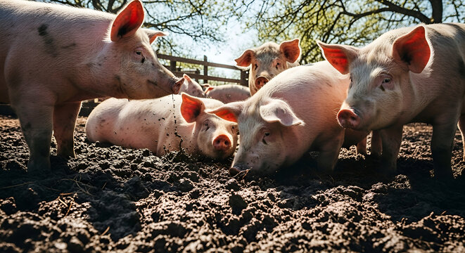 Group of domestic pigs in a muddy outdoor enclosure.
