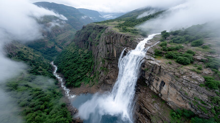 Obraz premium Waterfall Flowing Upward from Pool to Cliff Top Defying Gravity Lush Green Surroundings