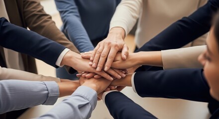 Obraz premium Diverse group of people putting their hands together in a circle as a symbol of unity and teamwork