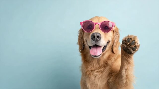 Adorable golden retriever wearing cool pink sunglasses happily waving its paw and smiling at the camera against a pastel blue background, creating a fun and friendly summer vacation vibe