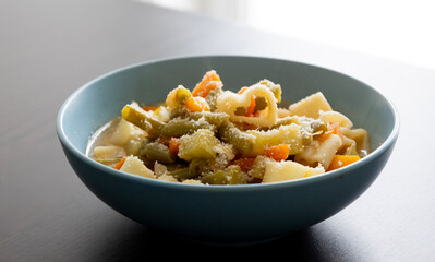 Italian Minestrone Vegetable Pasta Soup in Bowl