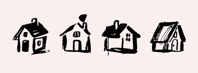 Set of various small tiny Houses. Paint brush cartoon minimal style. Flat design. Hand drawn Vector illustration. Isolated black and white design elements. Building, sweet home, real estate concept