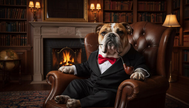 Sophisticated English Bulldog wearing glasses and a suit sitting in a classic library