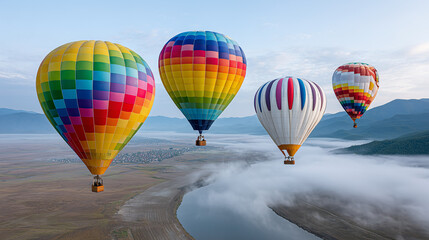 Naklejka premium Colorful Hot Air Balloons Floating Over Valley at Dawn with Mist and Golden Sunrise Light