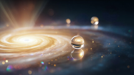 Fototapeta premium 黄金色に輝く銀河とその光を映し出す水晶玉。宇宙の神秘を象徴する幻想的で抽象的な3Dレンダリングアート