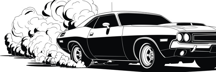 Classic muscle car burnout illustration, vintage American muscle vehicle drifting with smoke, retro automotive power concept isolated on white background © MstMonowara