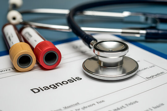 Diagnostic form, Vial of blood samples and Medicine in a hospital, conceptual image