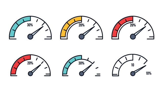 Collection of six circular gauge icons showing different percentage levels from zero to thirty with colorful sections and needles pointing.