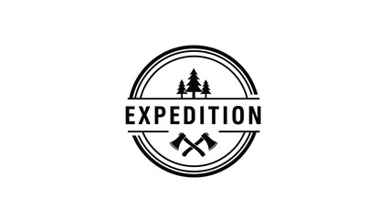 Obraz premium Round black and white expedition logo featuring pine trees and crossed axes with bold typography for outdoor adventure theme.