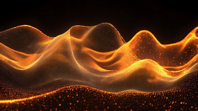 Glowing orange particle waves undulate across a dark abstract background