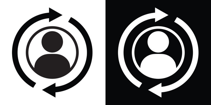 Human profile avatar centered within circular sync arrows. Clean vector design for user lifecycle management, account synchronization, member renewal, and profile updates.