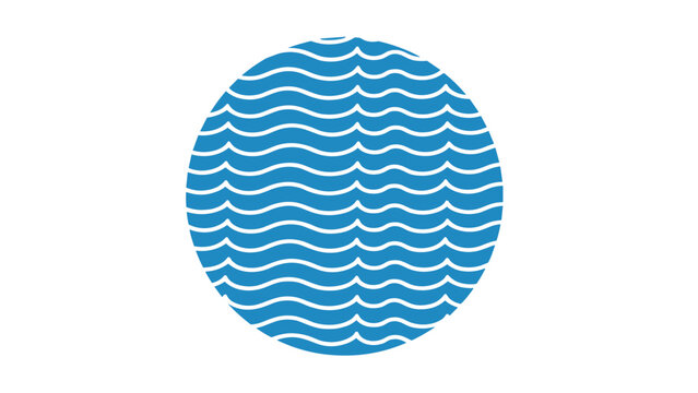 Abstract circular design filled with many rows of blue and white wavy lines representing water or ocean waves on a white background.