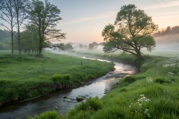 Fototapeta premium Serene morning landscape with a winding misty stream flowing through lush green meadows at sunrise