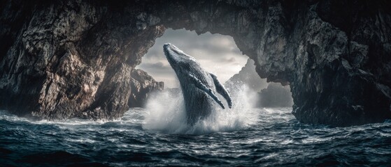 Fototapeta premium Oceanic symphony: whales and waves in perfect harmony. Poster illustration. Whale's dance: sunlit splash against a coastal cliff. Advertising photo. Blockbuster poster.