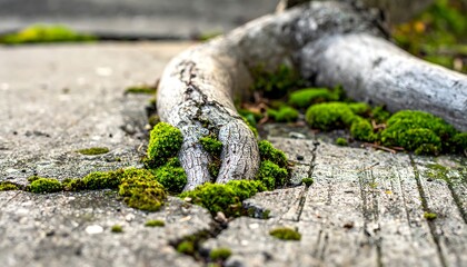 Fototapeta premium Close up of a strong tree root breaking through cracked concrete with vibrant green moss growing.