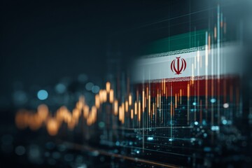Obraz premium Turbulent skies: the flag standing firm in a war zone. Stock market. Fierce battlegrounds: iranian flag with expansive explosions and dense smoke. Stock performance. Investment trends.