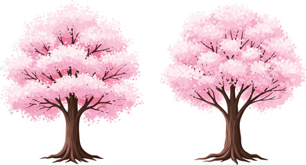 Fototapeta premium Pink cherry blossom trees vector illustration set, blooming sakura trees with soft petals isolated on light background for spring nature and floral design
