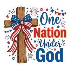 Obraz premium One Nation Under God Patriotic Cross with American Ribbon and Fireworks Illustration