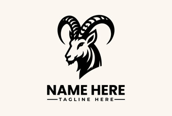 A stylized black and white illustration of a goat's head with curved horns, accompanied by placeholder text for a name and tagline on a light beige background, featuring a vector logo