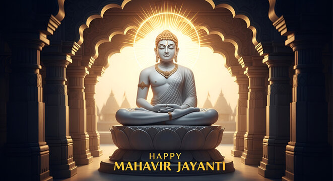 Mahavir jayanti sacred temple scene with serene mahavir meditation statue and radiant divine aura symbolizing jain spirituality wisdom peace nonviolence devotion harmony