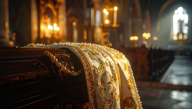 Ornate Liturgical Chasuble with Gold Embroidery and Pearls in a Church Setting