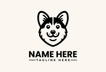 A simple black and white illustration of a smiling husky dog head with text space for a name and tagline on a beige background, featuring a logo, vector, illustration, icon, pictogram logo © vectorvovdesign