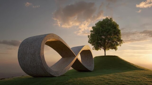 Infinity symbol sculpture modern abstract outdoor art on green grass hill with single tree at sunset, tranquil nature landscape, creative design, serene environment, dramatic sky, clouds