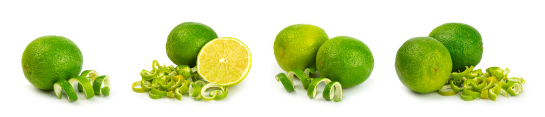 Fresh lime zest isolated on white background. Lime zest or peel close-up. Grated citrus peel. Lime...