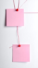 Two pink squares linked by red string/thumbtacks, on a white background