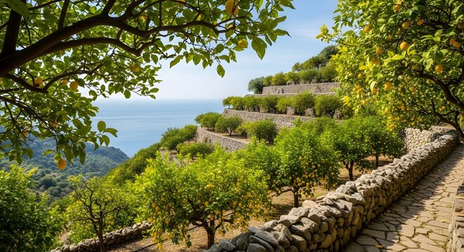A scenic view of terraced lemon groves on a hillside overlooking the Mediterranean Sea, with a stone path winding through the lush green trees under a clear blue sky.