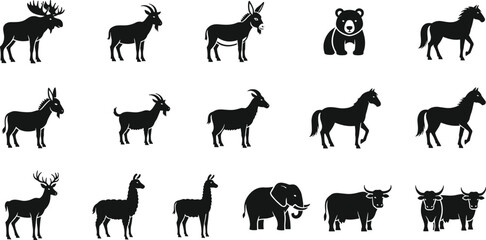 Wild and farm animal silhouette icon set including moose, goat, donkey, bear, horse, deer, llama, elephant and yak black vector collection © MdHarunur