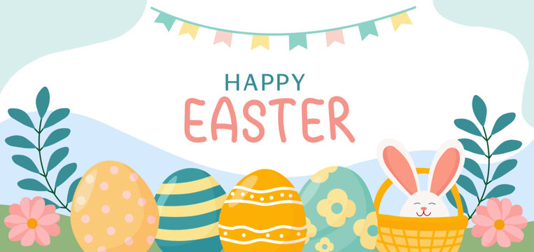 Happy Easter. Trendy Easter design with typography, eggs and bunny in pastel colors.Cute flat style. Horizontal poster, greeting card, header for website. Simple vector illustration.