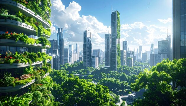 Sprawling futuristic urban farm integrated into a verdant skyscraper cityscape with lush trees and blue skies