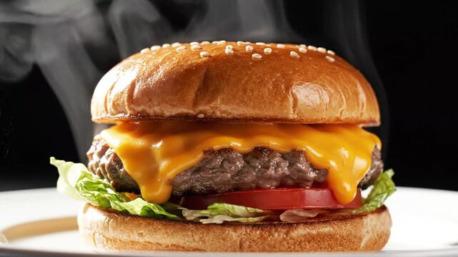 Close-up of steaming hot cheeseburgers with melted cheese fresh veggies and sesame bun in a row