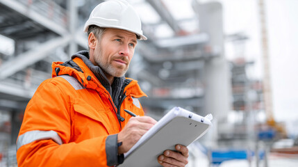 European Site Manager with White Hard Hat and Orange Hi-Vis Jacket Reviewing Blueprints