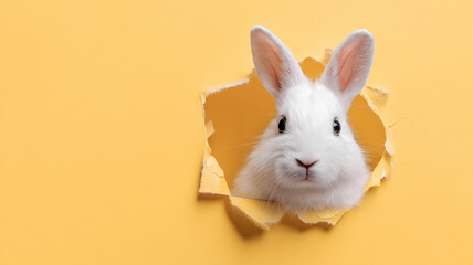 Obraz premium Adorable white bunny peeking through a torn hole in vibrant yellow paper. Creative Easter greeting card concept, spring celebration, and pet animal portrait with copy space.