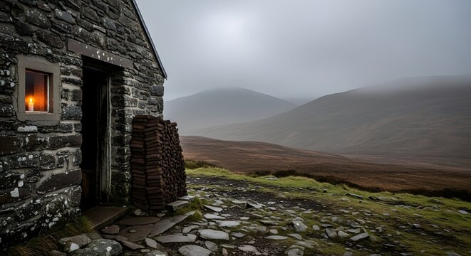 Stone hut with glowing window light in a misty, rugged mountain landscape.
