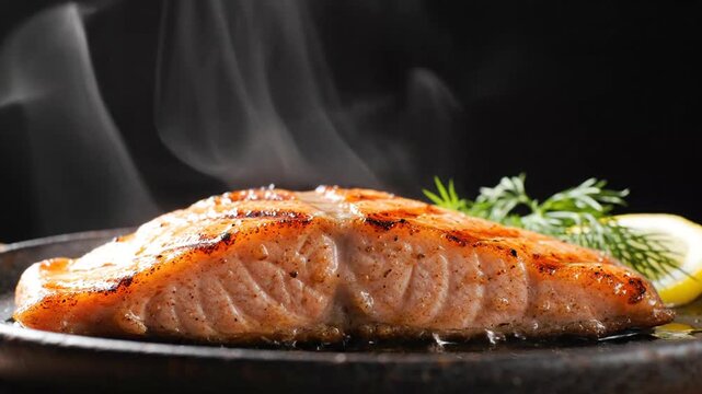 Gourmet grilled salmon fillet with fresh herbs and aromatic steam rising on black background