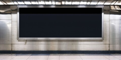 Fototapeta premium Empty billboard within subway tunnel. Metallic wall panels, dim lighting, tiled floor create stark contrast. Minimalist composition.